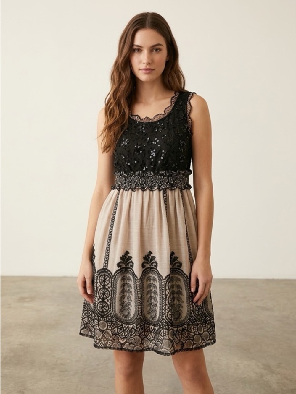 American Rag Sequin Babydoll Dress XS Black Cream Lace Party Cocktail Mini